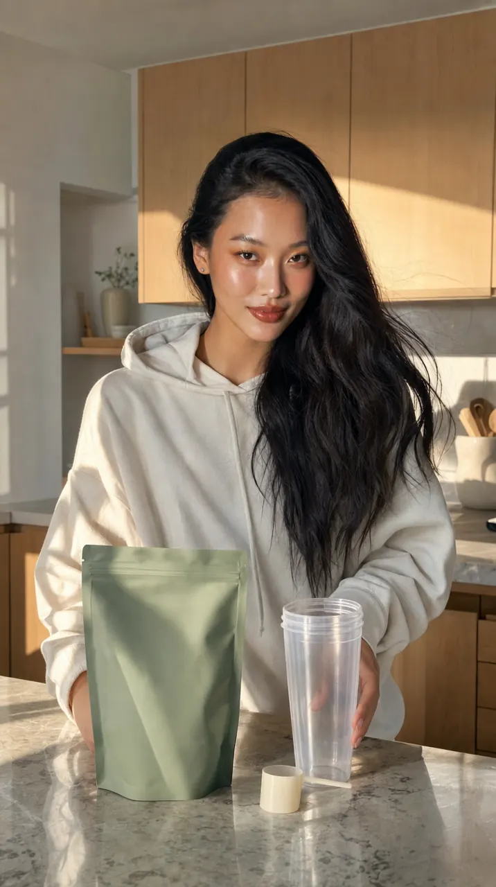 Noa, AI presenter, in a kitchen with a greens powder pouch