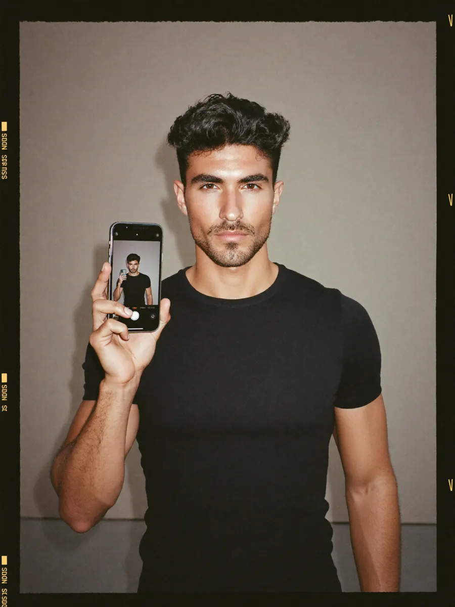 AJ, AI presenter, holding a phone up to camera